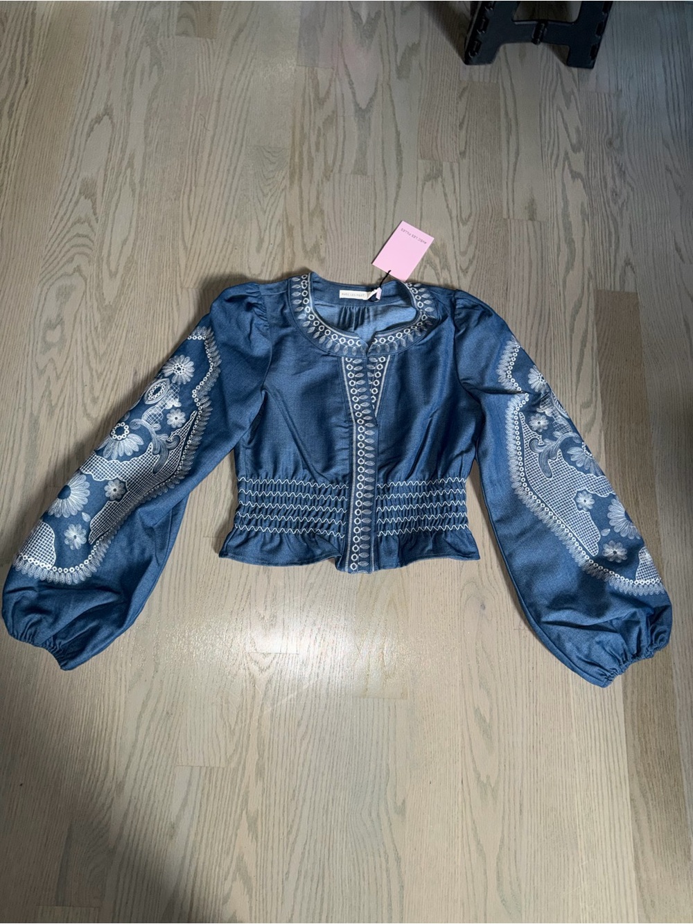 Avec Les Filles Navy Satin Embroidered Puff-Sleeve Top